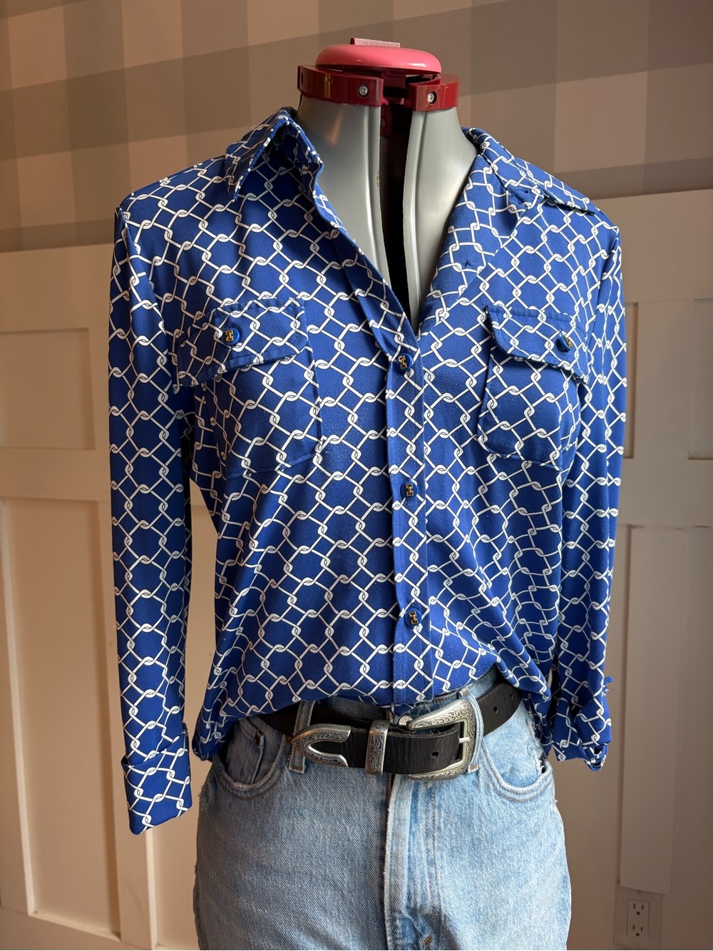 Charter Club Blue Geometric Button-Up Blouse Small - Picture 6 of 8